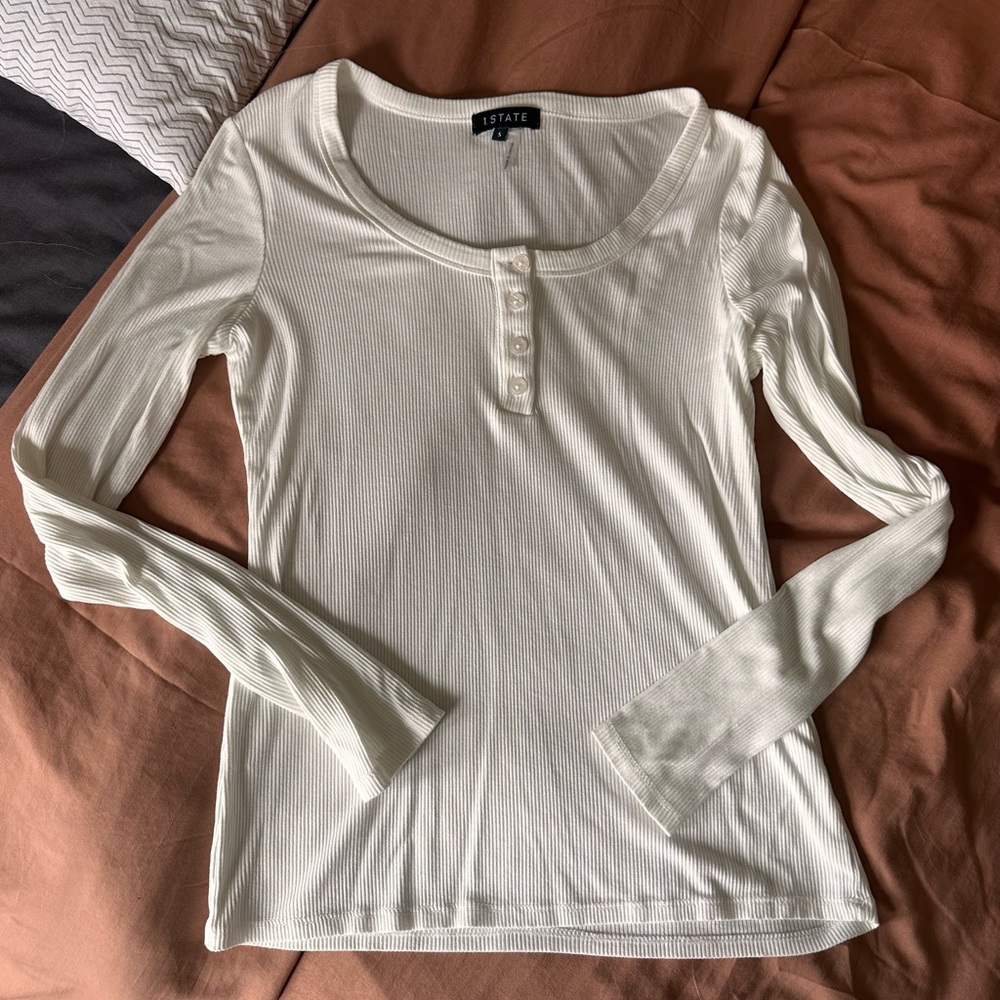 1State White Ribbed Long Sleeve Top